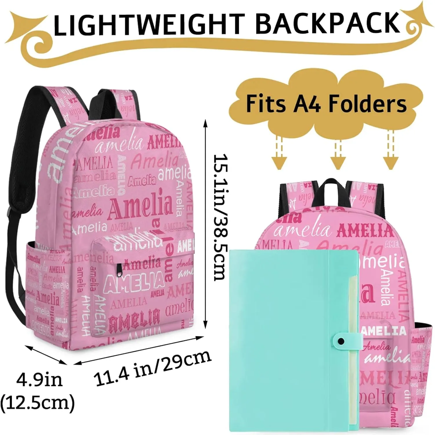 Personalized Name Backpack Custom Shoulder Bags for Women Men Waterproof Travel Casual Daypack Laoptop Bag 15.1in, Pink