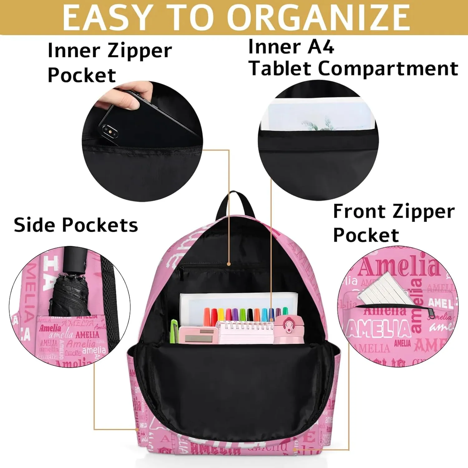 Personalized Name Backpack Custom Shoulder Bags for Women Men Waterproof Travel Casual Daypack Laoptop Bag 15.1in, Pink