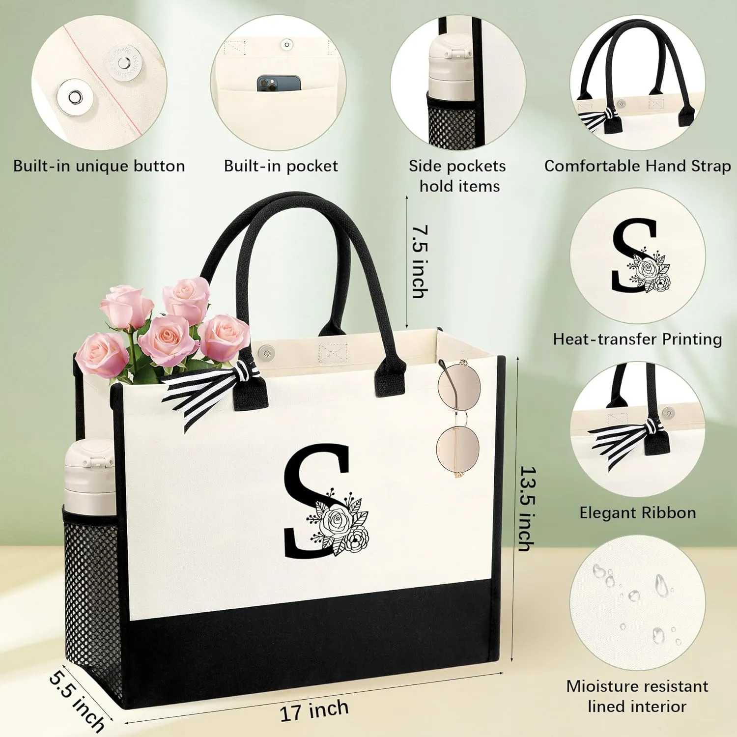 Personalized Name Tote Bag for Women, Birthday Best Friend Bridesmaid Gifts for Women Canvas Initial Tote Bags