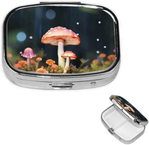 Pill Case with Mirror Retro 2 Compartment Pill Box Colorful Mushrooms Small Pill Organizer for Purse or Pocket Decorative Metal Medicine Vitamin Organizer Unique Gifts
