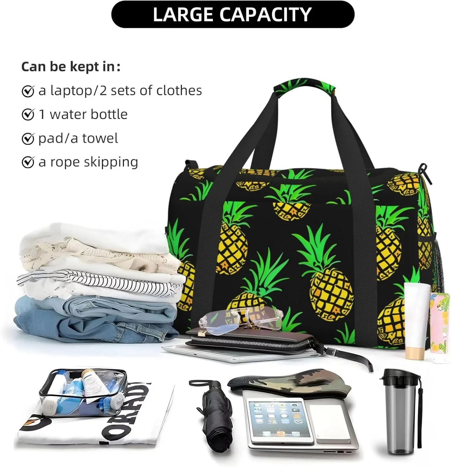 Pineapples Pattern Duffle Bag Foldable Travel Tote Bag Carry On Large Weekender Overnight Bags Waterproof Gym Bag For Women Men