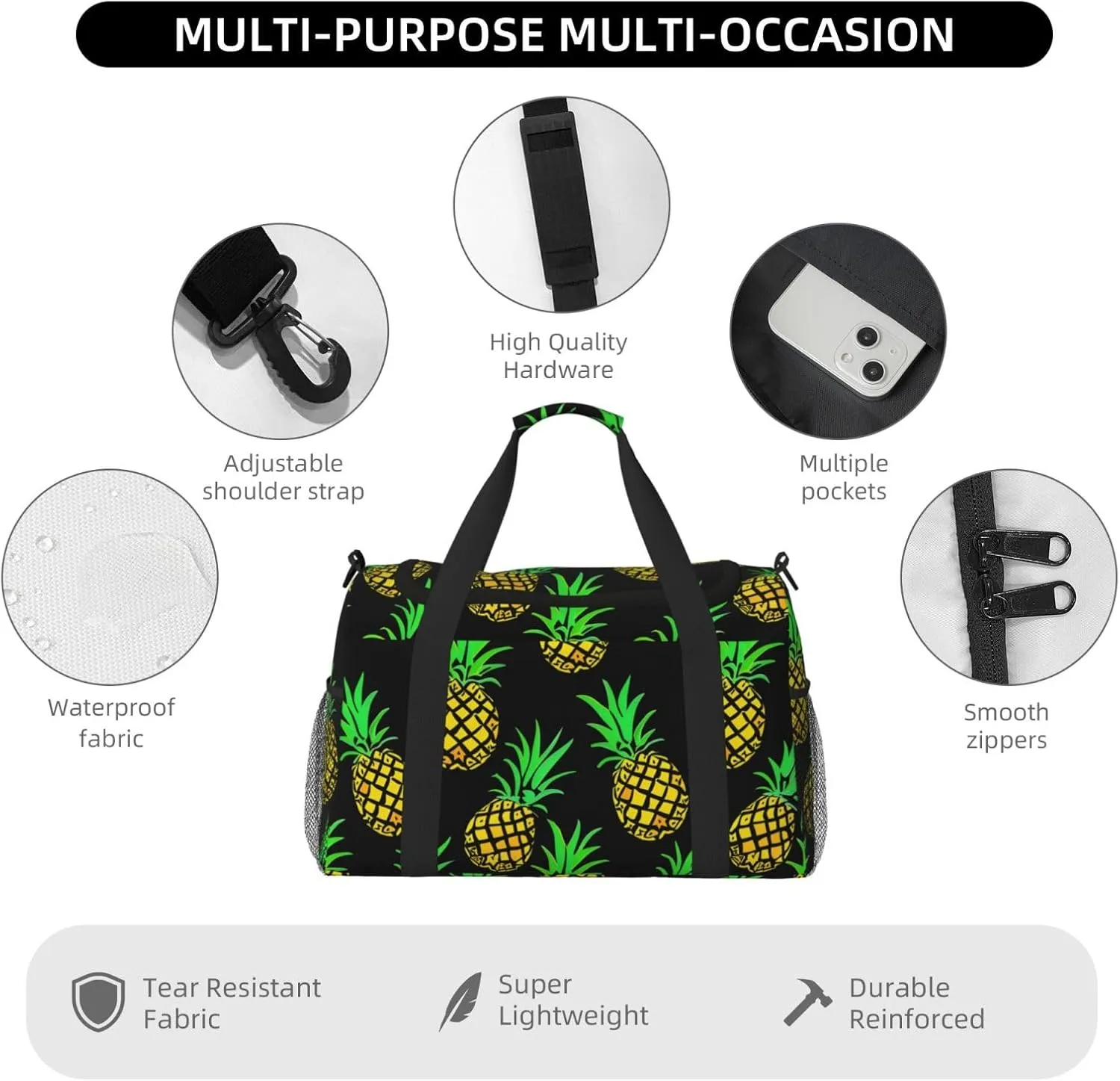 Pineapples Pattern Duffle Bag Foldable Travel Tote Bag Carry On Large Weekender Overnight Bags Waterproof Gym Bag For Women Men