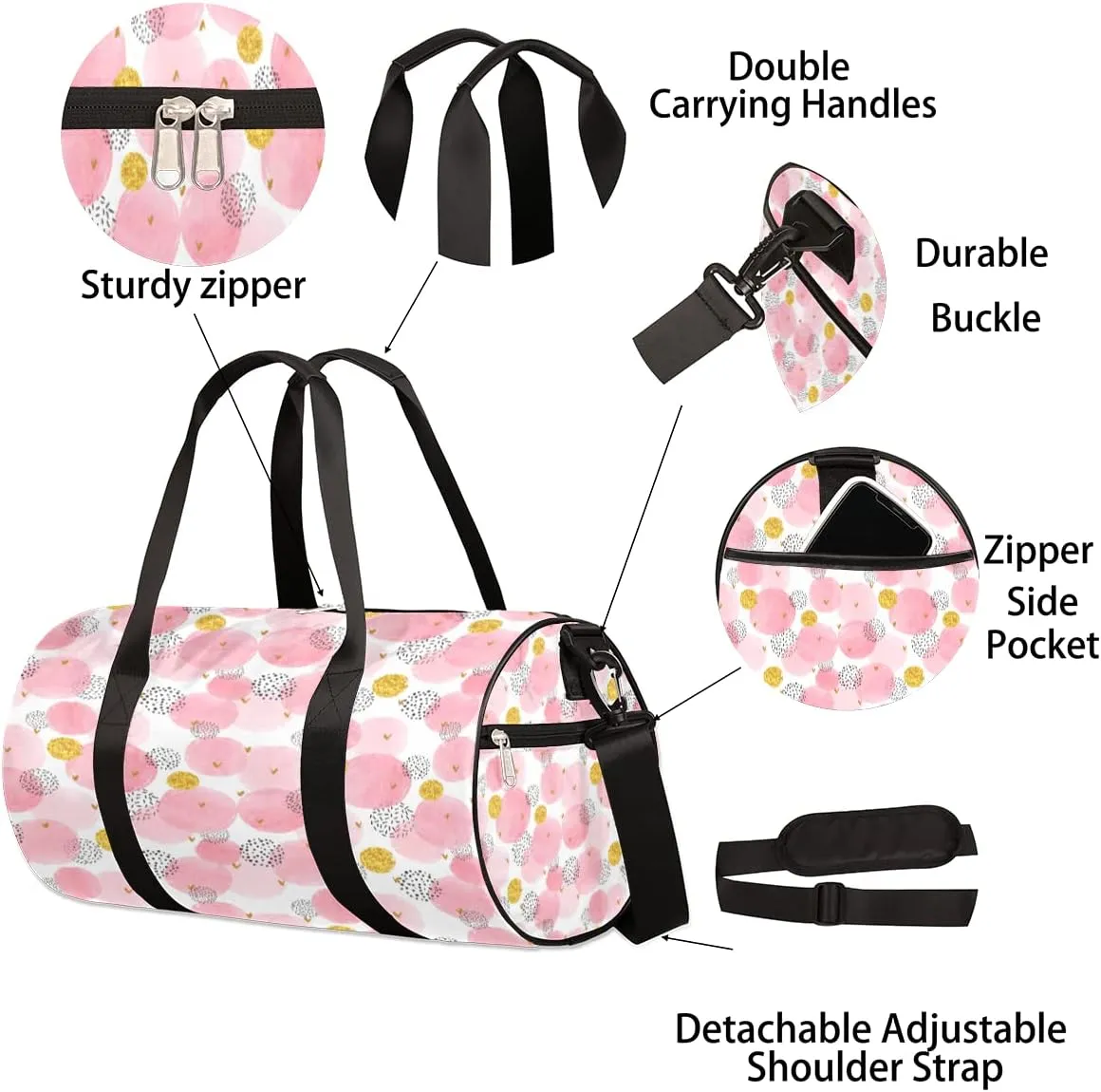 Pink Golden Circles Gym Bag Small Gym Duffel Bags for Men Women Cute Overnight Weekender Bag Lightweight Sport Duffle Bag Carry On Gymbag
