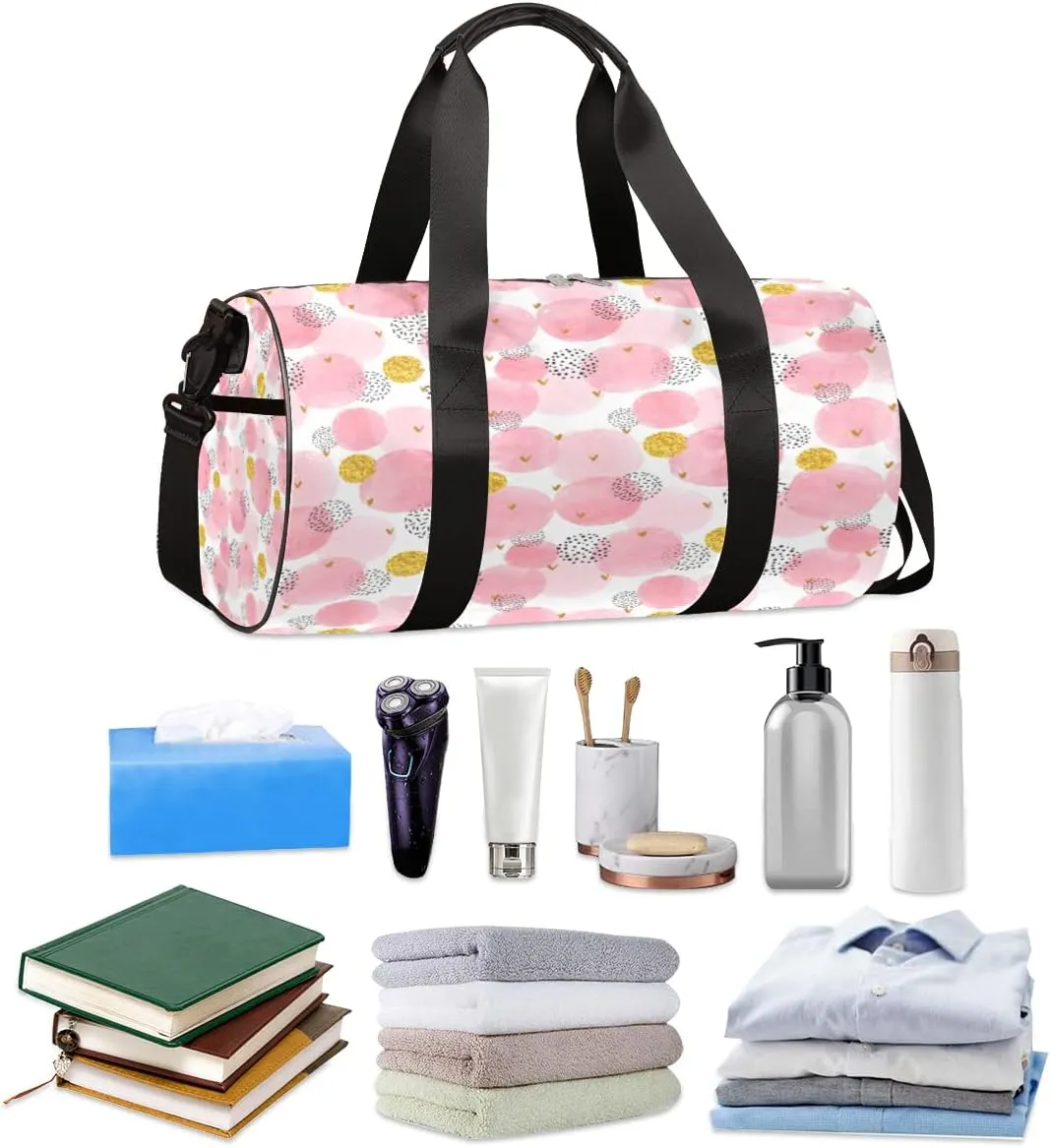 Pink Golden Circles Gym Bag Small Gym Duffel Bags for Men Women Cute Overnight Weekender Bag Lightweight Sport Duffle Bag Carry On Gymbag