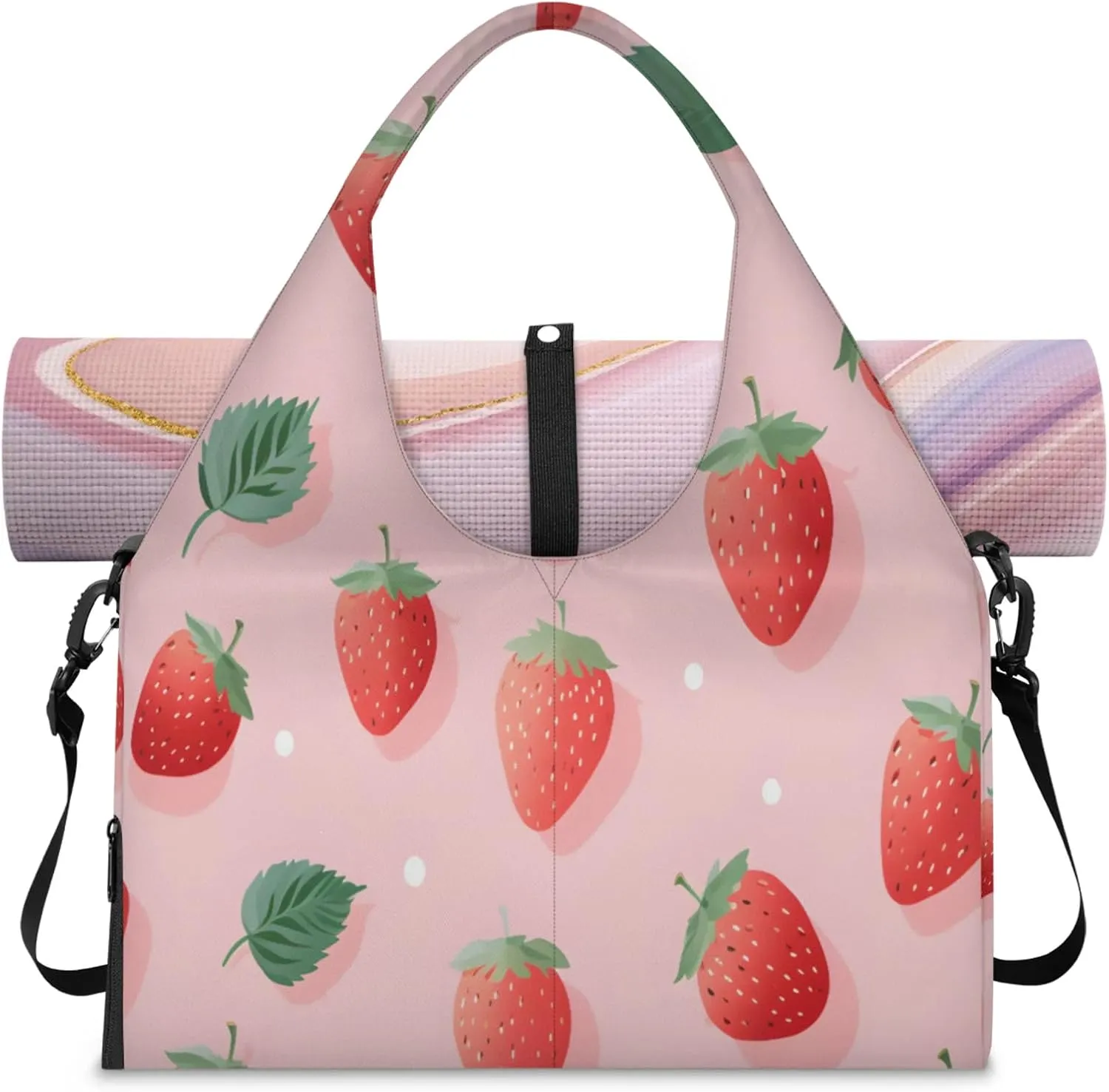 Pink Strawberry Delight Waterproof Gym Bag for Men Women, Sports Duffel Bag with Shoe Compartment Yoga Mat Holder, Portable Large Travel Bag for Fitness, Camping, Weekend Trips