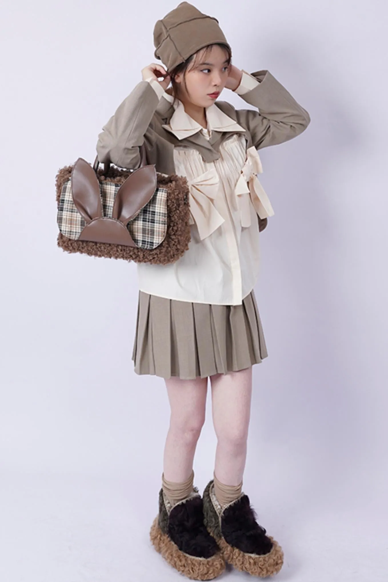 Plaid Rabbit Fur Tote Bag