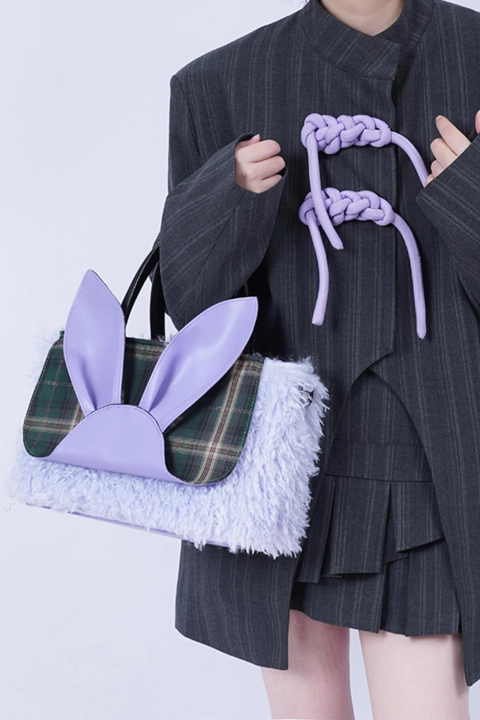 Plaid Rabbit Fur Tote Bag