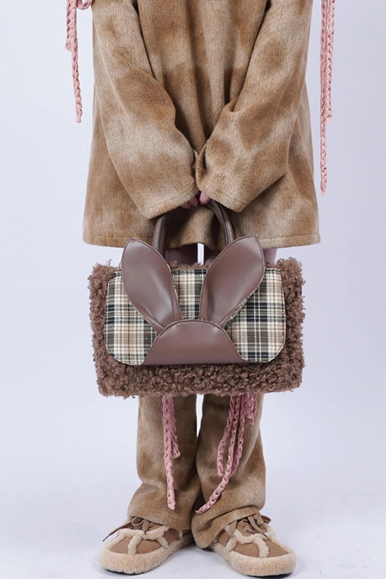 Plaid Rabbit Fur Tote Bag