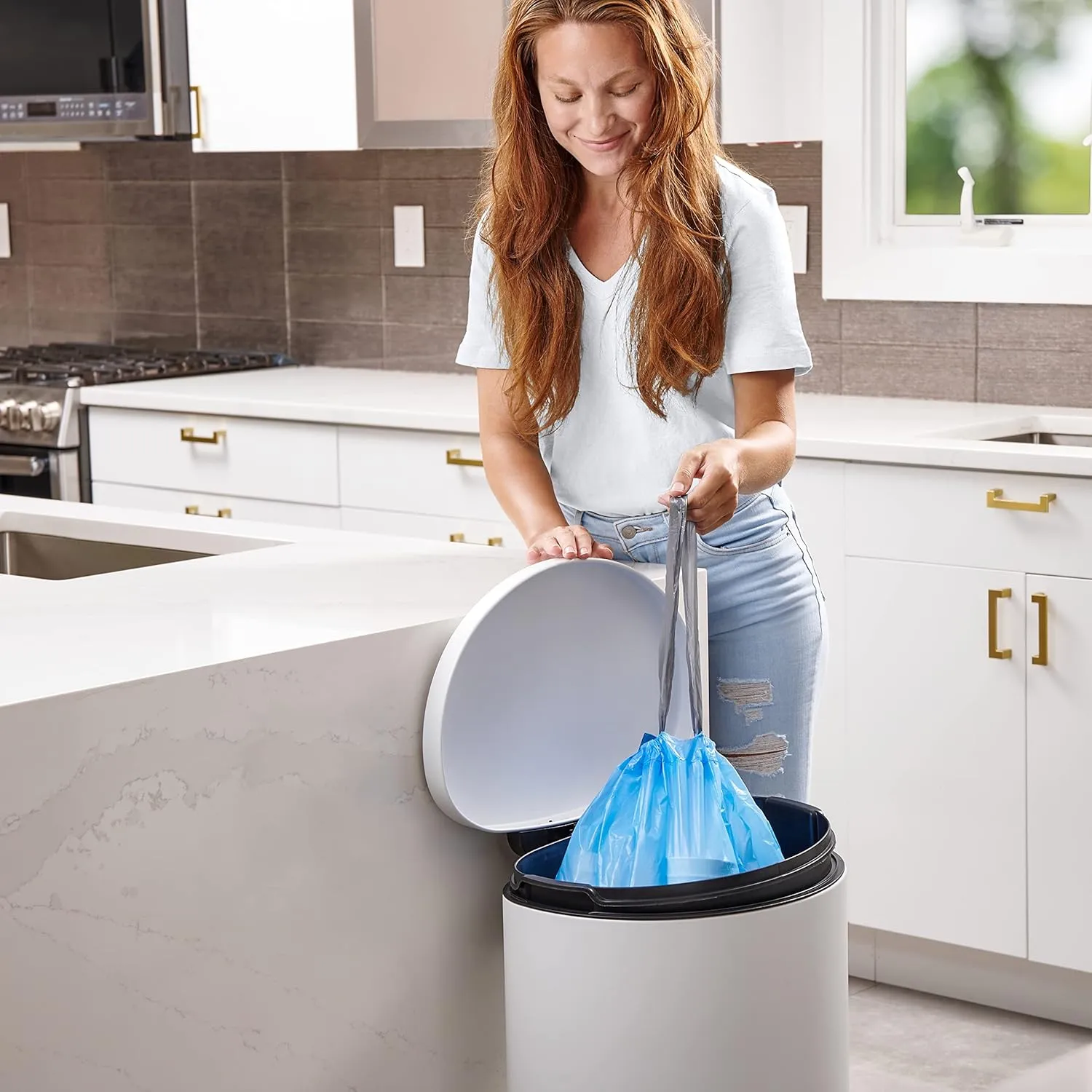 Plasticplace Custom Fit Trash Bags, Compatible with simplehuman Code D (100 Count) Tinted Blue Drawstring Garbage Liners 5.3 Gallon / 20 Liter, 15.75" x 28"