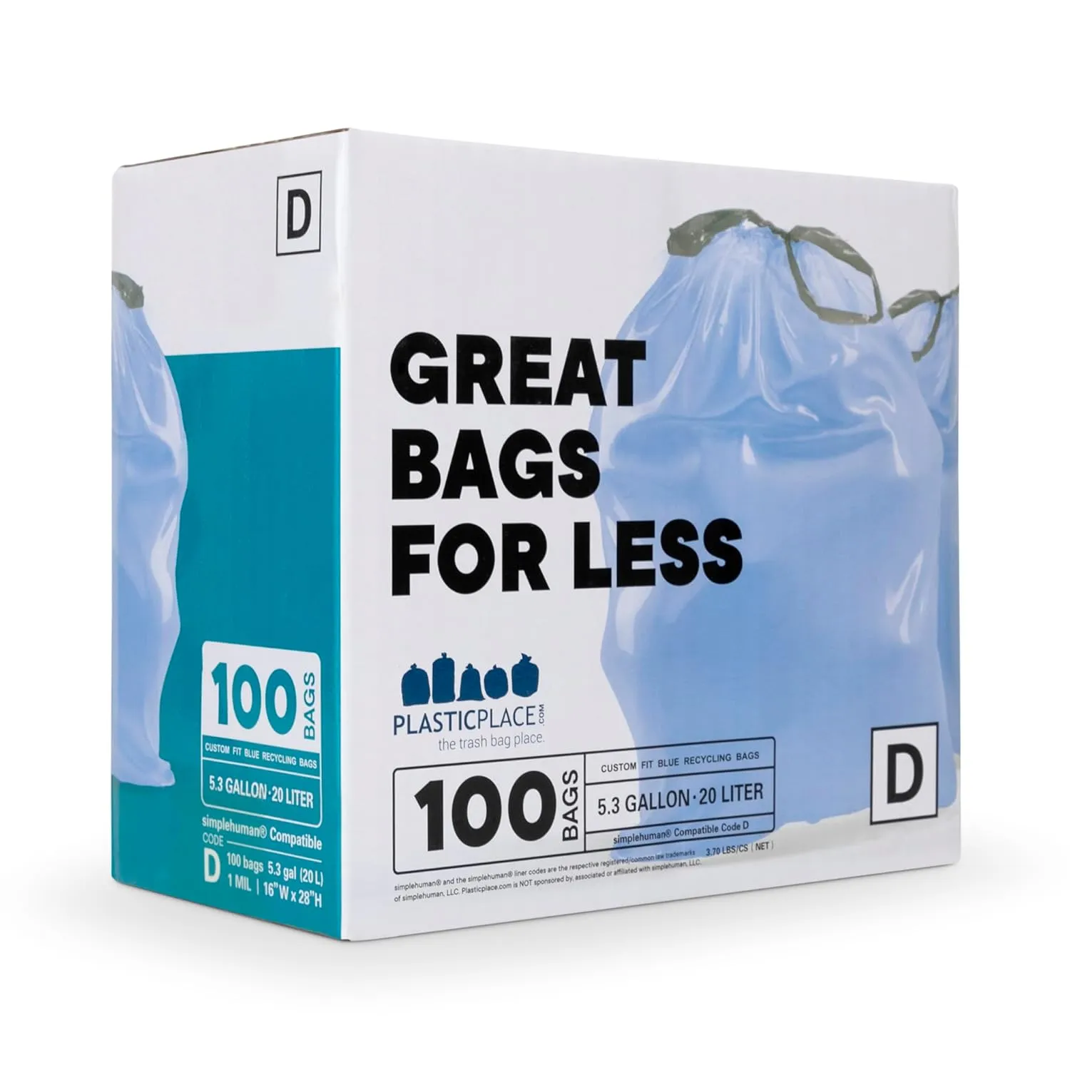 Plasticplace Custom Fit Trash Bags, Compatible with simplehuman Code D (100 Count) Tinted Blue Drawstring Garbage Liners 5.3 Gallon / 20 Liter, 15.75" x 28"