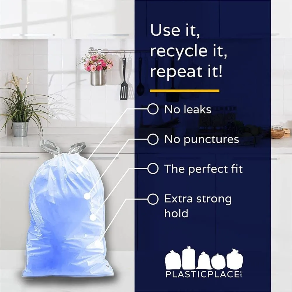 Plasticplace Custom Fit Trash Bags, Compatible with simplehuman Code D (100 Count) Tinted Blue Drawstring Garbage Liners 5.3 Gallon / 20 Liter, 15.75" x 28"