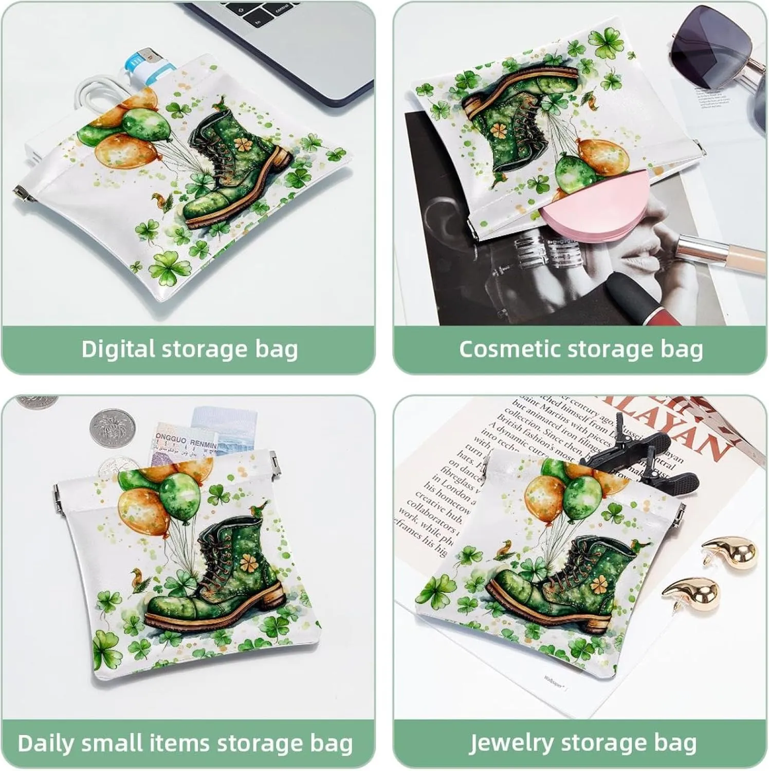 Pocket Cosmetic Bag Squeeze Top, Golden Horseshoe Clover and Balloons Bird Waterproof Travel Makeup Bag for Purse, Portable Mini Makeup Pouch No Zipper for Women