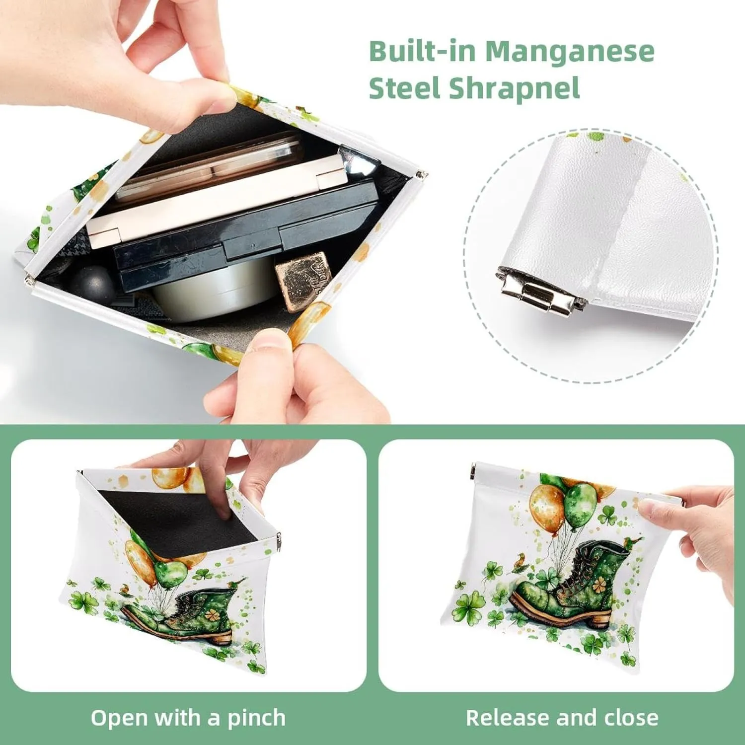 Pocket Cosmetic Bag Squeeze Top, Golden Horseshoe Clover and Balloons Bird Waterproof Travel Makeup Bag for Purse, Portable Mini Makeup Pouch No Zipper for Women