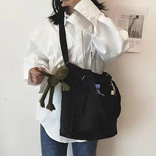 Pooyikoi Women Canvas Tote Bag Waterproof Nylon Multi Pocket Shoulder Bags Solid Crossbody Large Capacity Tote Shoulder Bags