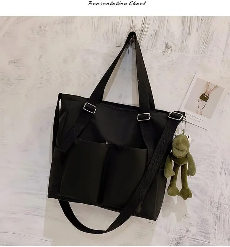 Pooyikoi Women Canvas Tote Bag Waterproof Nylon Multi Pocket Shoulder Bags Solid Crossbody Large Capacity Tote Shoulder Bags