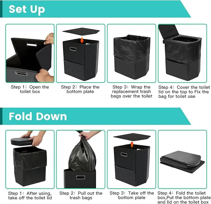 PORMYTRIP Portable Toilet Camping Toilet Foldable Toilet for Car Indoor Outdoor Commode Travel Toilet Portable Toilet for Camping,Tent,Hiking,Boating,Long Road Trips,Traffic jam,Home X-Large Black