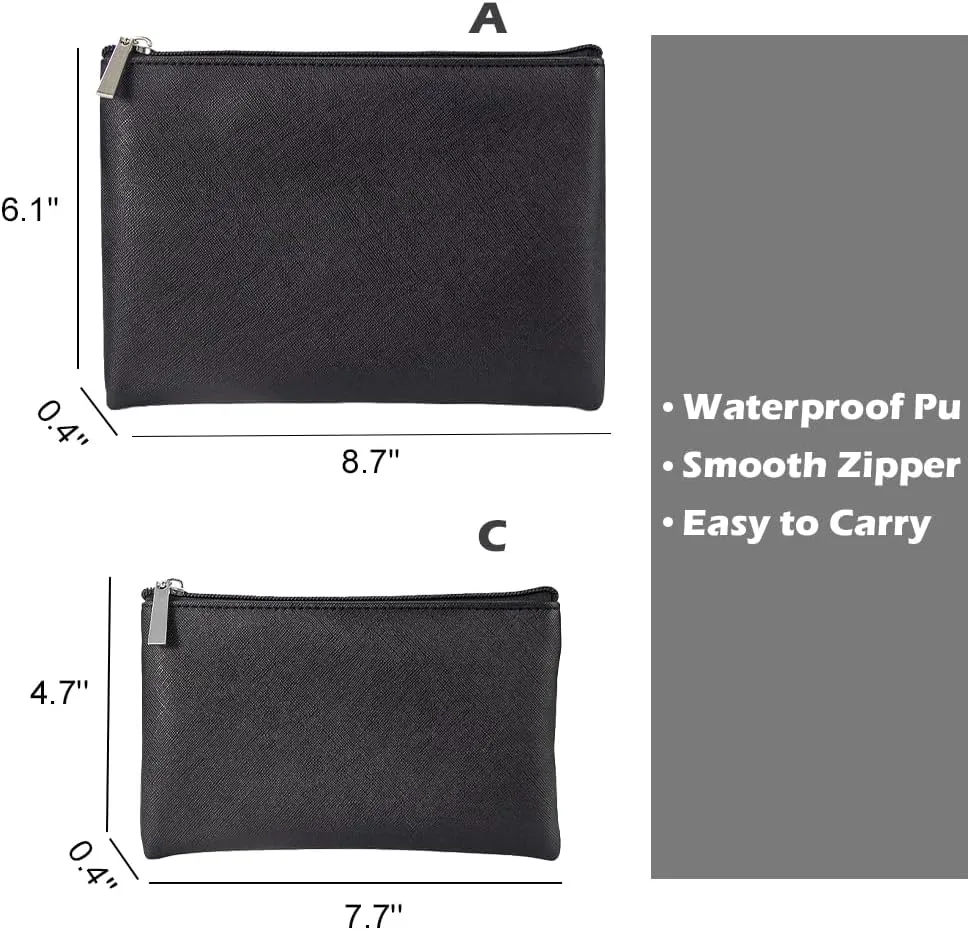 Portable Makeup Bag, 2 Pcs Small Zipper Pouch with Bottom, Black Makeup Bag for Purse, Pu Leather Travel Storage Bag for Small Items, Black