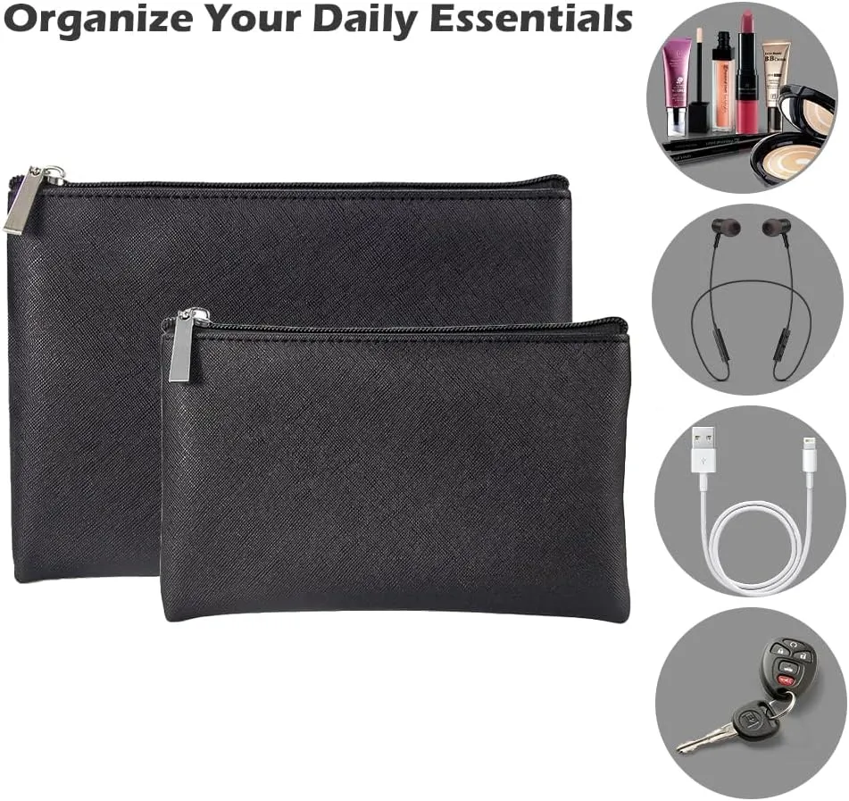 Portable Makeup Bag, 2 Pcs Small Zipper Pouch with Bottom, Black Makeup Bag for Purse, Pu Leather Travel Storage Bag for Small Items, Black