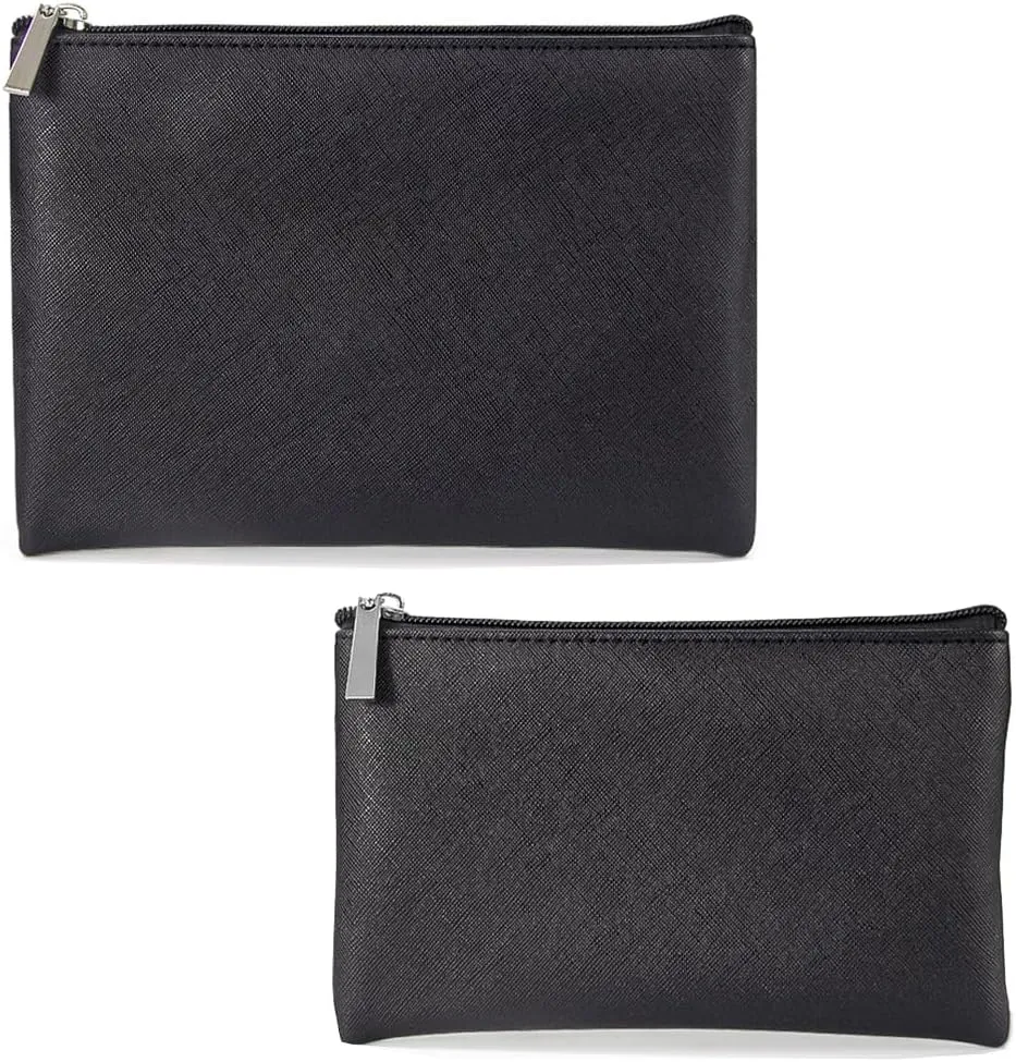Portable Makeup Bag, 2 Pcs Small Zipper Pouch with Bottom, Black Makeup Bag for Purse, Pu Leather Travel Storage Bag for Small Items, Black