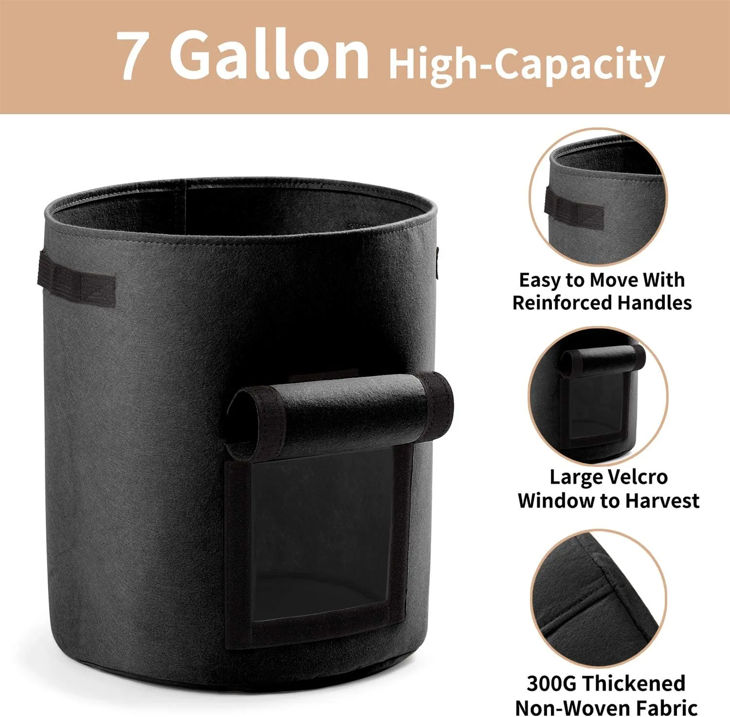 Potato Planter Bags 3-Pack 7 Gallons Grow Bags Aeration Tomato Plant Pots with Flap and Handles (Black)
