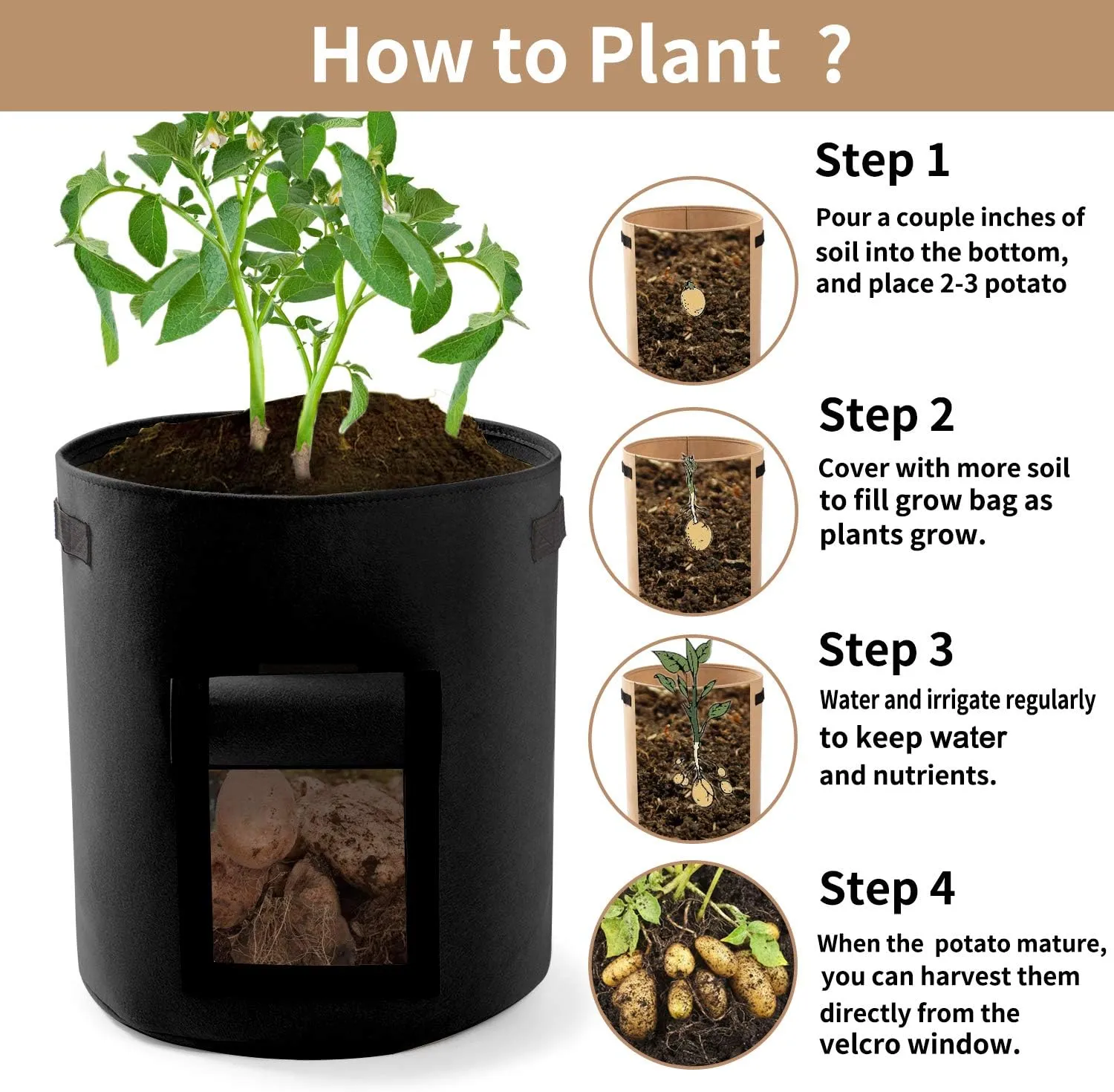 Potato Planter Bags 3-Pack 7 Gallons Grow Bags Aeration Tomato Plant Pots with Flap and Handles (Black)
