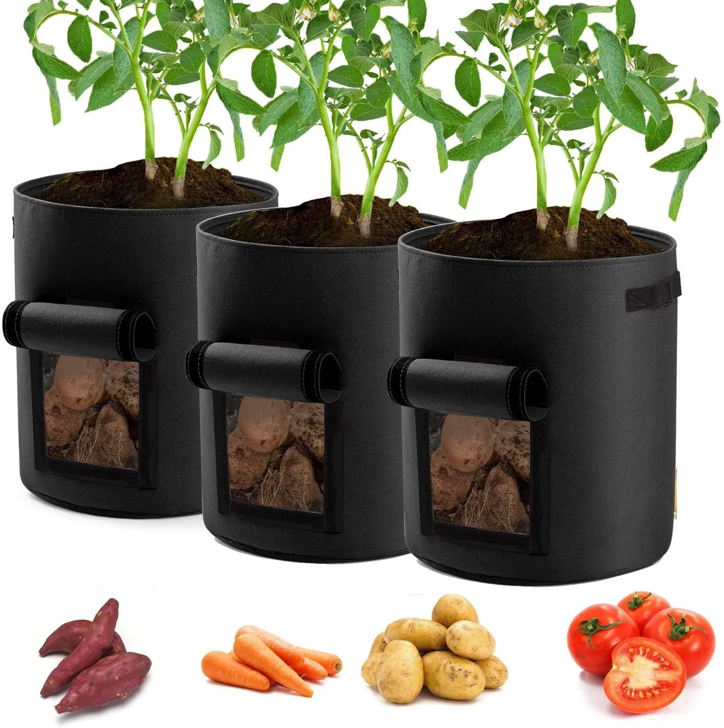 Potato Planter Bags 3-Pack 7 Gallons Grow Bags Aeration Tomato Plant Pots with Flap and Handles (Black)