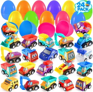 Prefilled Easter Eggs with Toys Inside, 24 Pack Pull Back Cars Easter Eggs with Construction Vehicles, Easter Basket Essentials Stuffers for Toddlers, Easter Egg Fillers for Kids Boys Girls