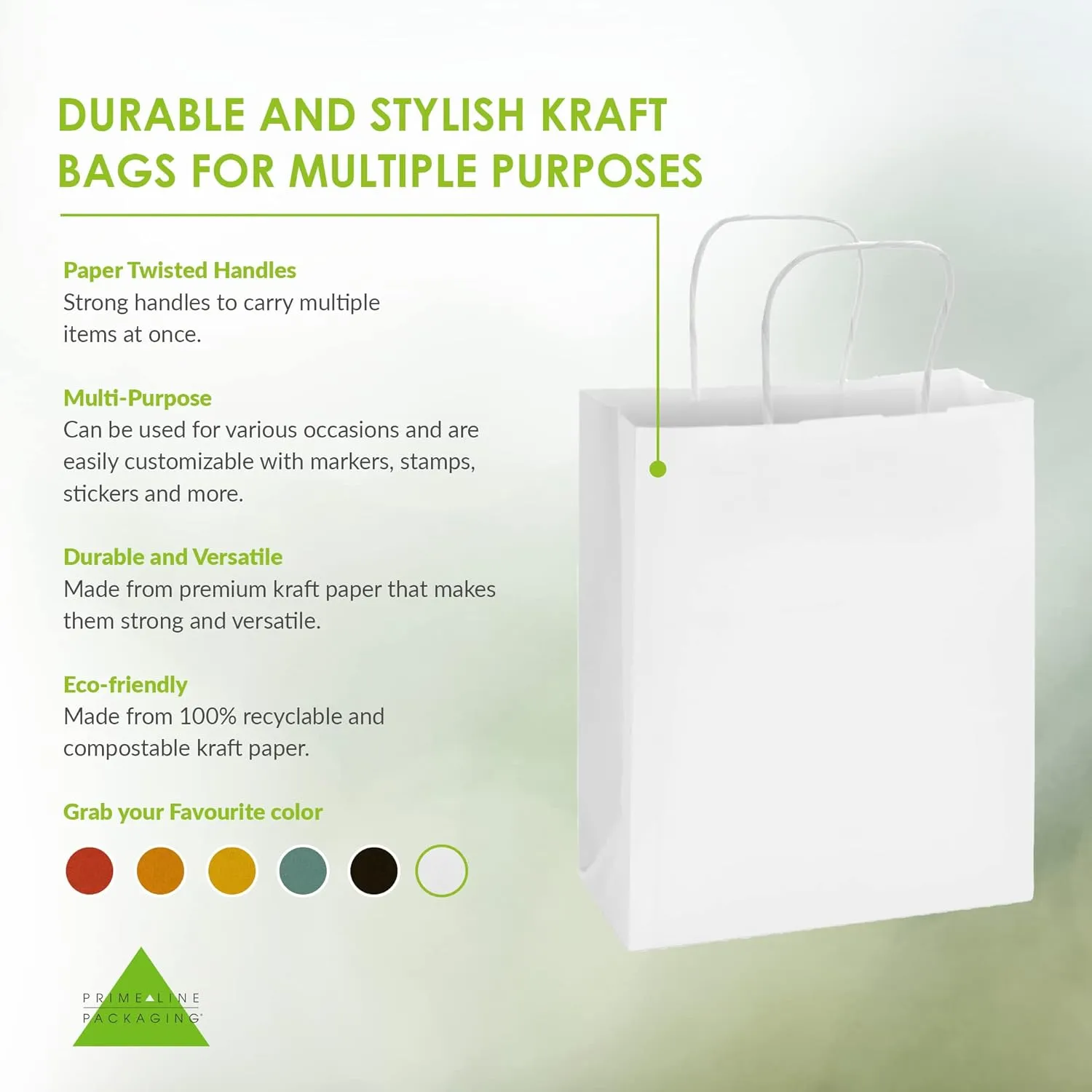 Prime Line Packaging White Kraft Paper Gift Bags with Handles for Small Business, Boutique, Retail, Shopping, Birthdays, Favors, Bulk, 8x4x10 100 Pack