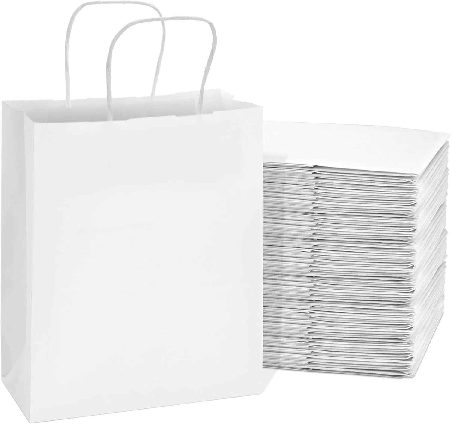 Prime Line Packaging White Kraft Paper Gift Bags with Handles for Small Business, Boutique, Retail, Shopping, Birthdays, Favors, Bulk, 8x4x10 100 Pack