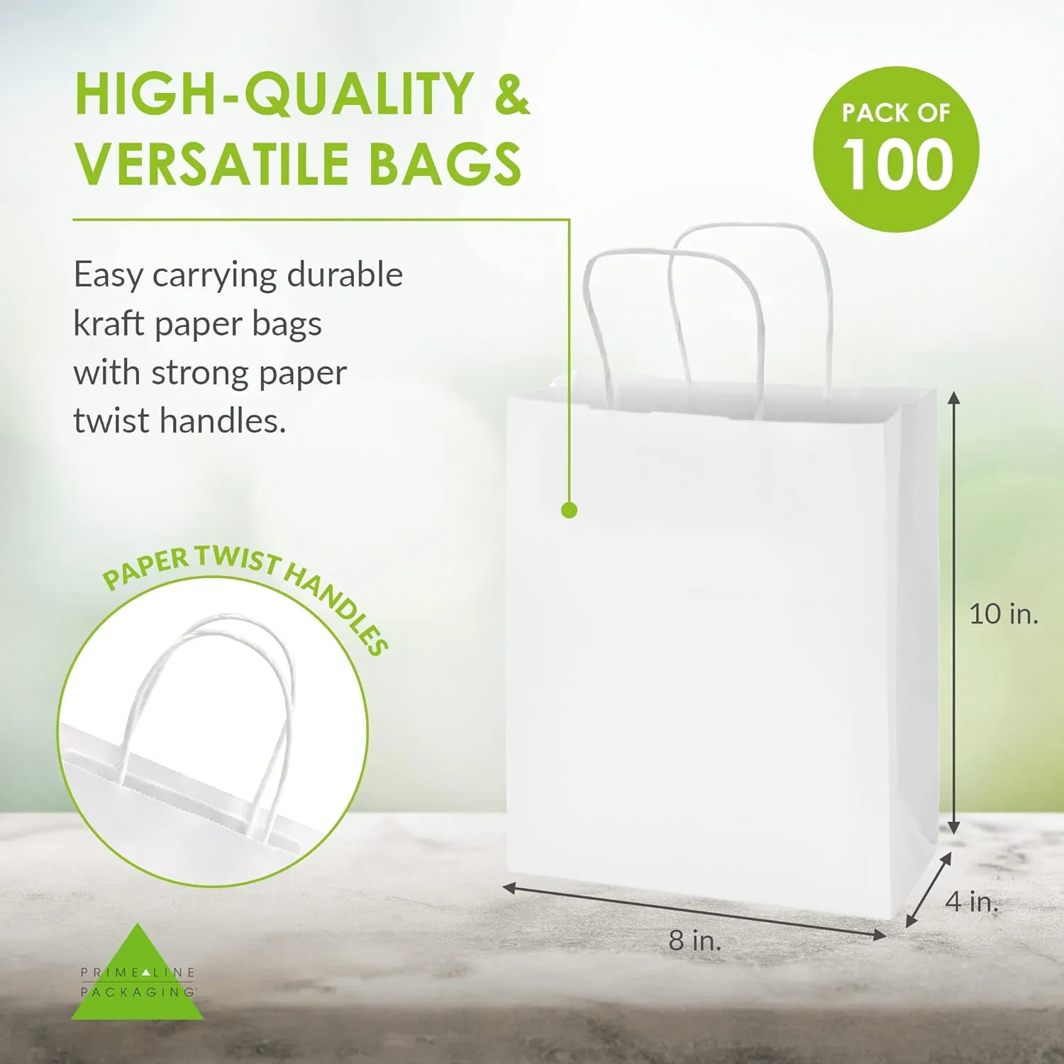 Prime Line Packaging White Kraft Paper Gift Bags with Handles for Small Business, Boutique, Retail, Shopping, Birthdays, Favors, Bulk, 8x4x10 100 Pack