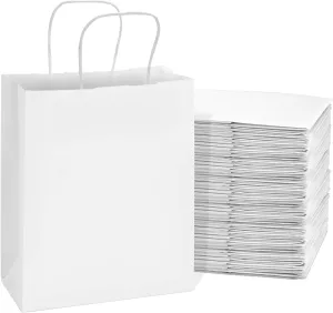 Prime Line Packaging White Kraft Paper Gift Bags with Handles for Small Business, Boutique, Retail, Shopping, Birthdays, Favors, Bulk, 8x4x10 100 Pack