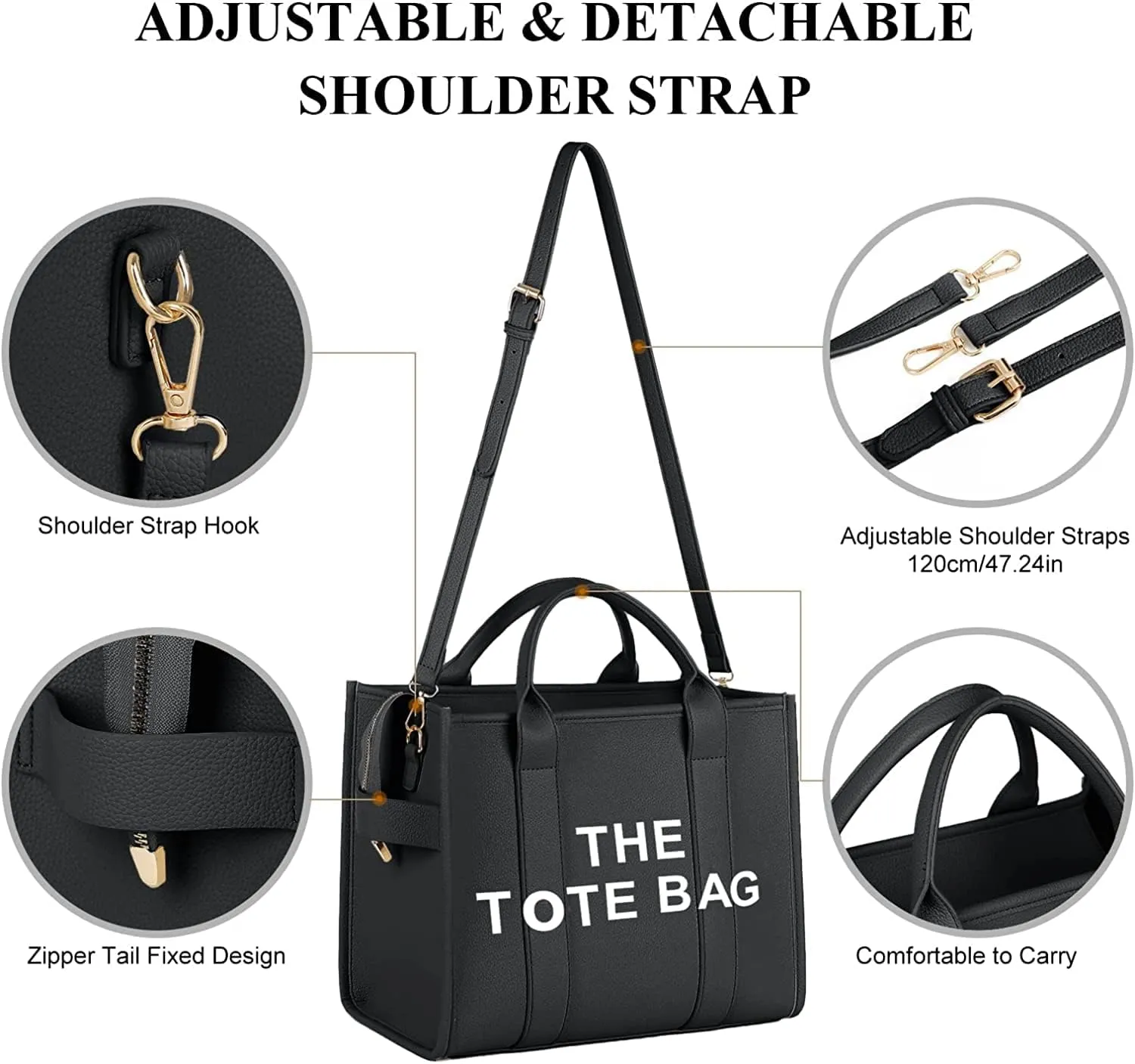 PU Tote Bag for Women Simple Large-Capacity Tote Bag Handbag Zipper Fashion Tote Bag