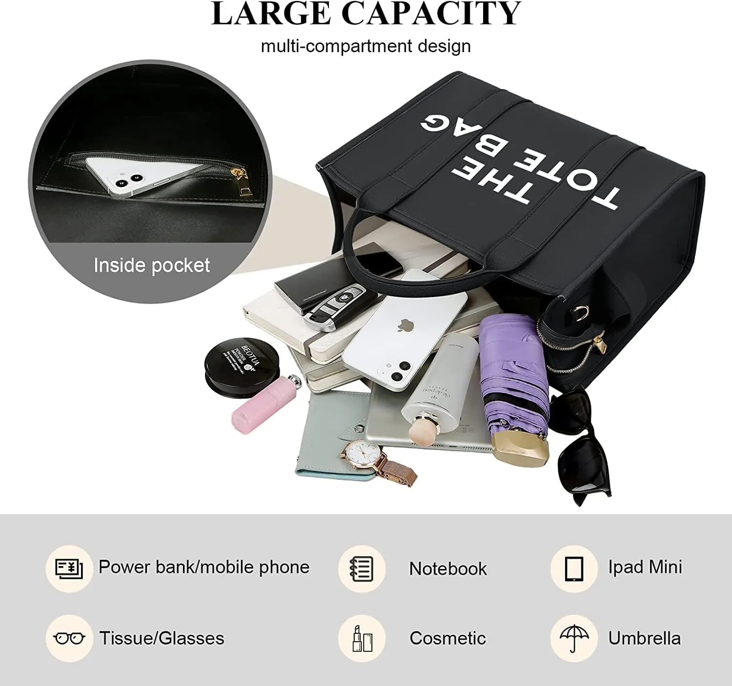 PU Tote Bag for Women Simple Large-Capacity Tote Bag Handbag Zipper Fashion Tote Bag