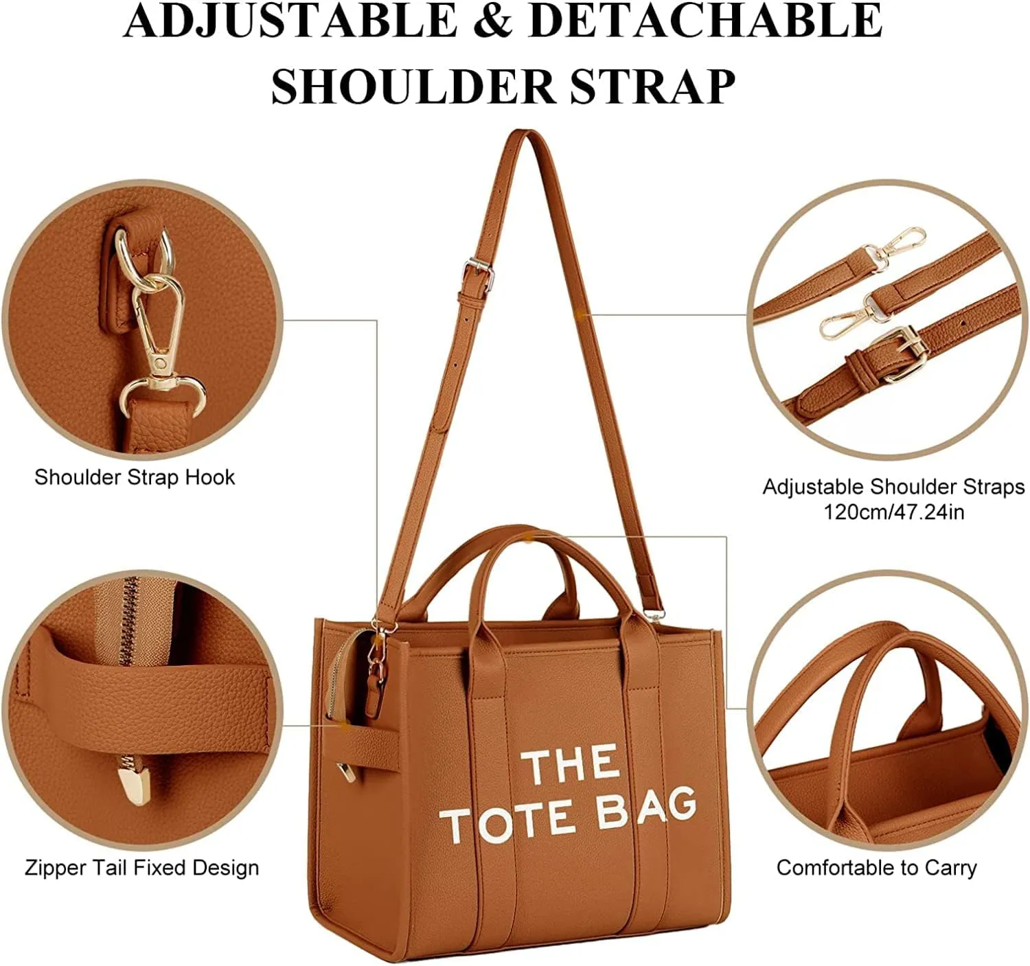PU Tote Bag for Women Simple Large-Capacity Tote Bag Handbag Zipper Fashion Tote Bag
