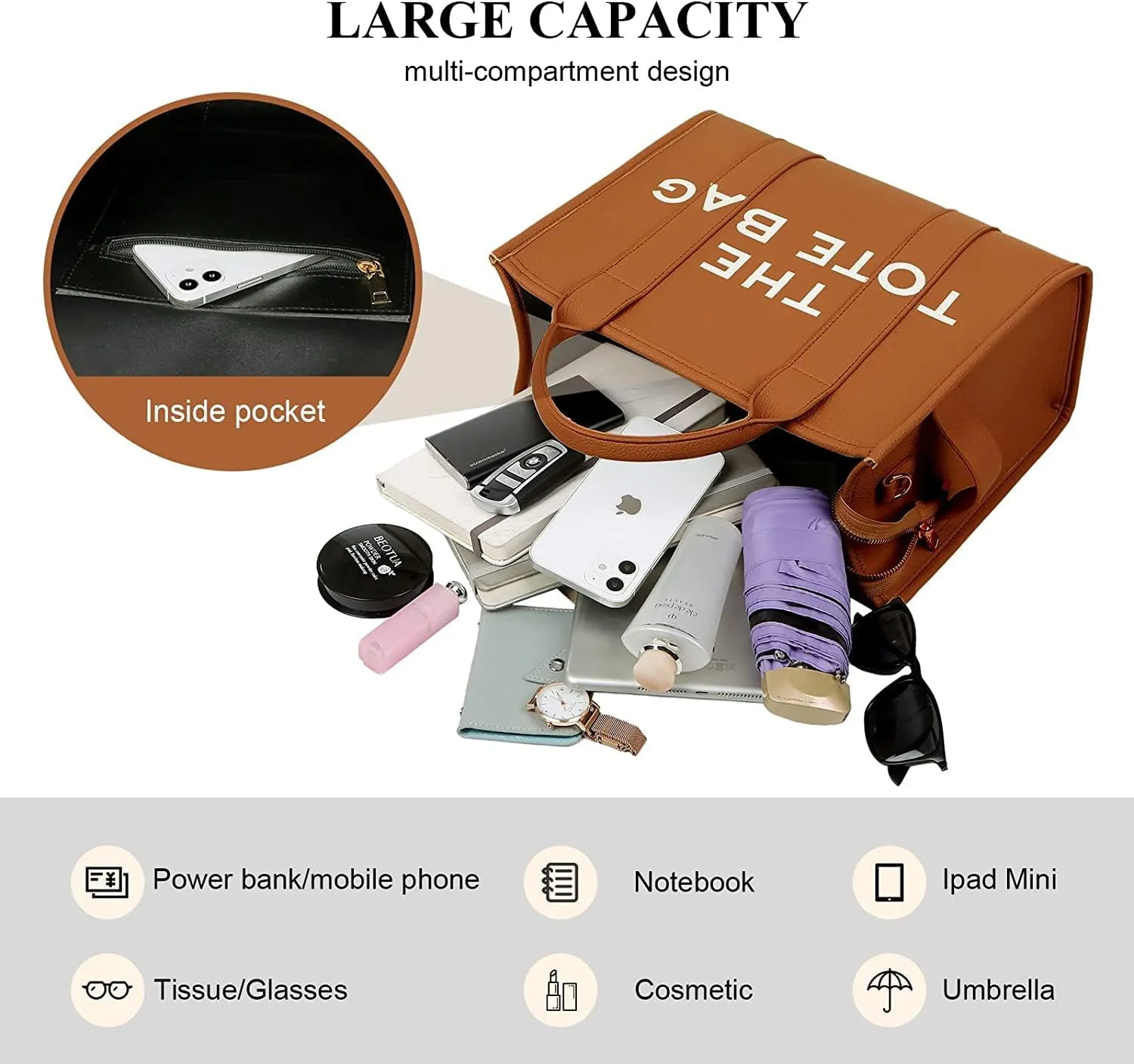 PU Tote Bag for Women Simple Large-Capacity Tote Bag Handbag Zipper Fashion Tote Bag