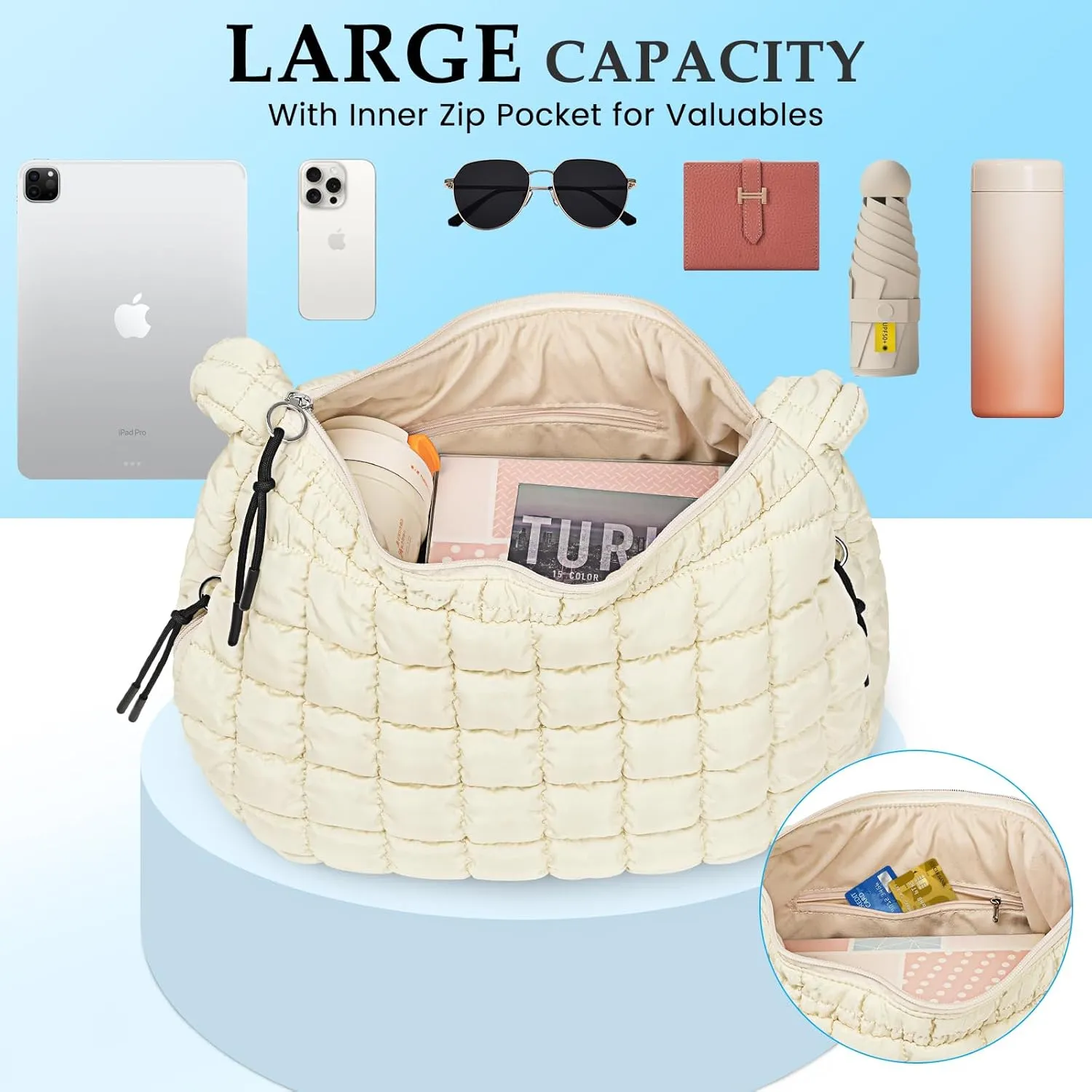Puffer Tote Bag Quilted Carryall Bag Crossbody Bag Puffy Shoulder Bag for Women Lightweight Hobo Bags