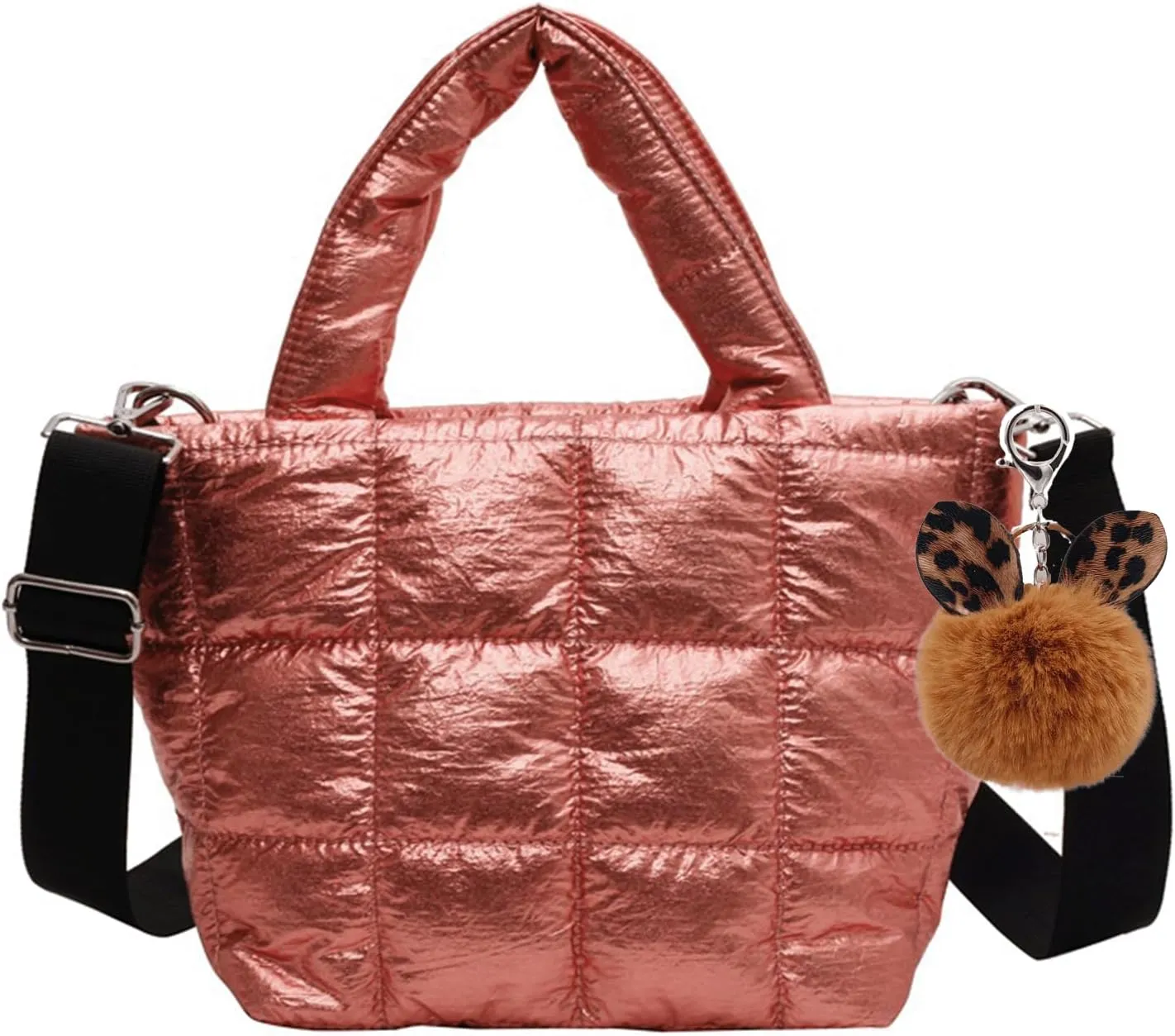 Puffer Tote Bag with Pendant Quilted Shoulder Bags for Women Lightweight Handbag Puffy Cross Body Bags