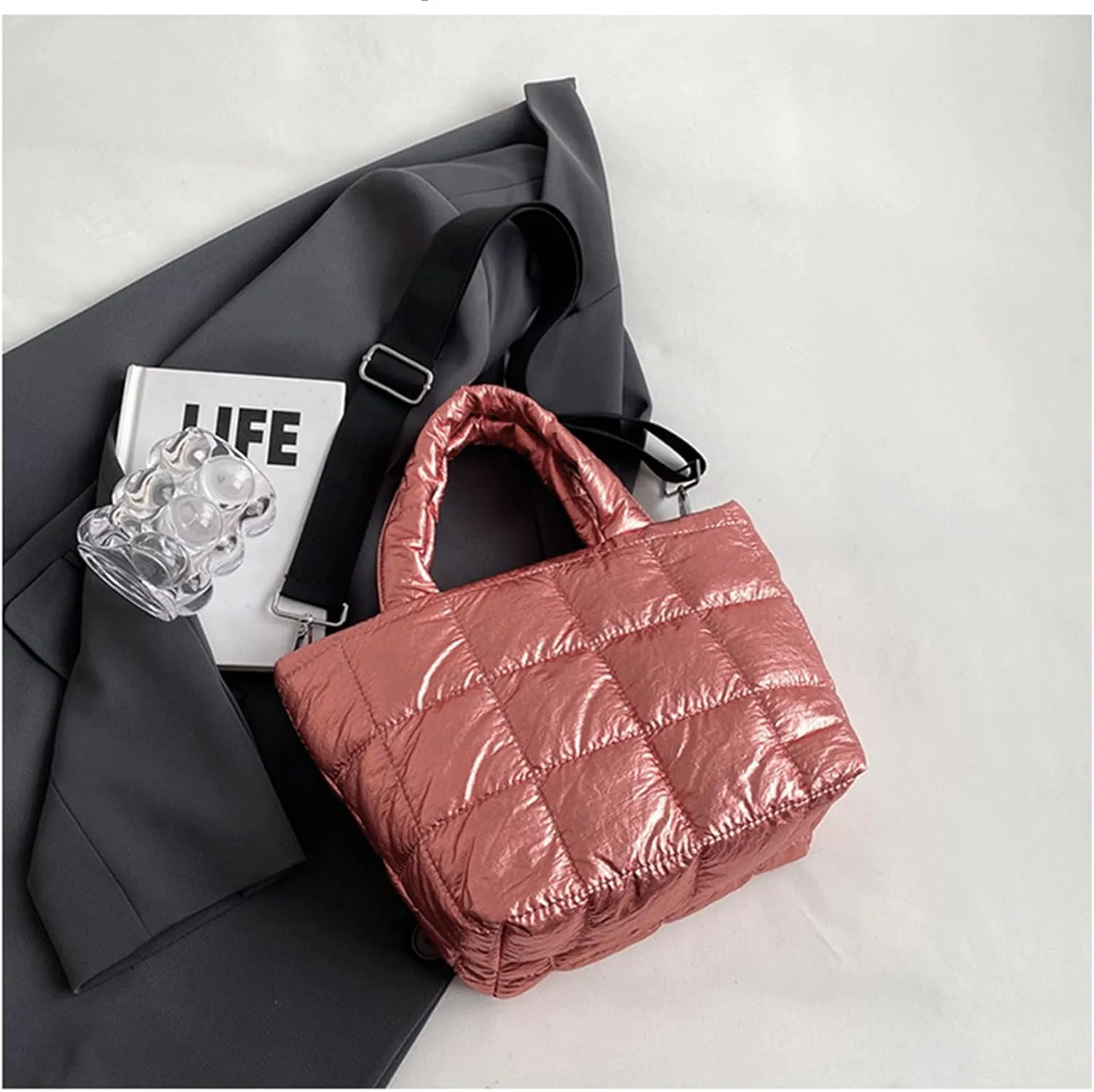 Puffer Tote Bag with Pendant Quilted Shoulder Bags for Women Lightweight Handbag Puffy Cross Body Bags