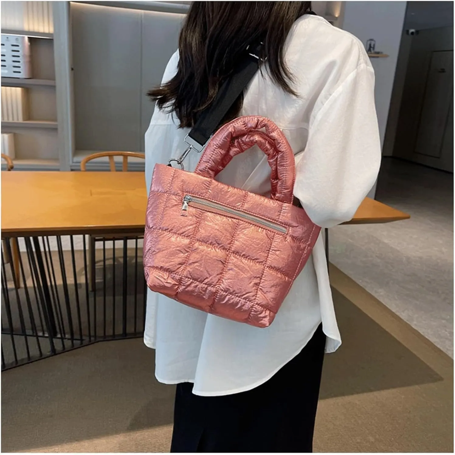 Puffer Tote Bag with Pendant Quilted Shoulder Bags for Women Lightweight Handbag Puffy Cross Body Bags