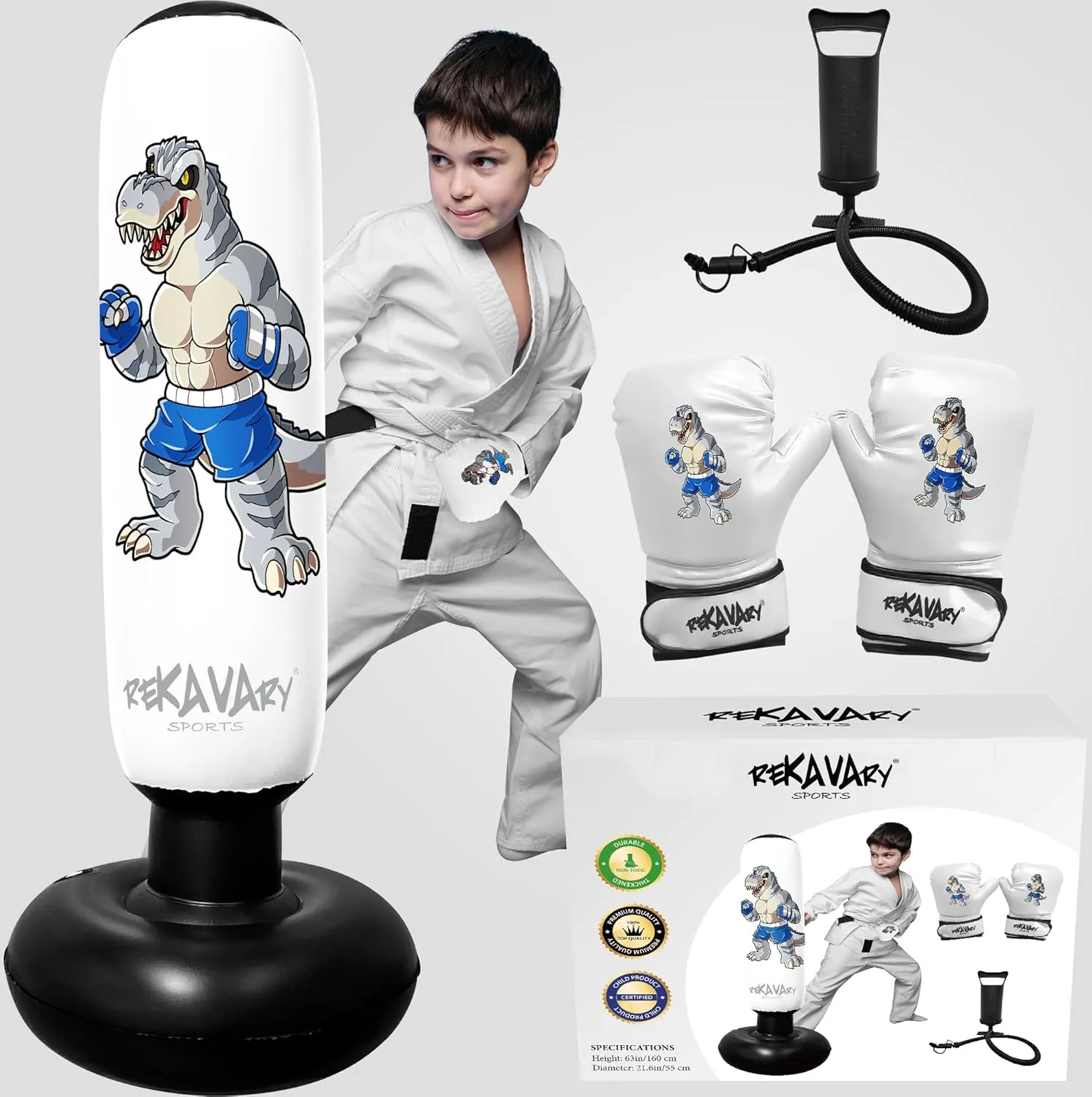 Punching Bag for Kids - 5' 3" Tall and Stable - Ninja Kids Inflatable Punching Bag Combo Kit with Kids Boxing Gloves, a Pump and Repair Kit. Boxing Bag for Immediate Bounce Back