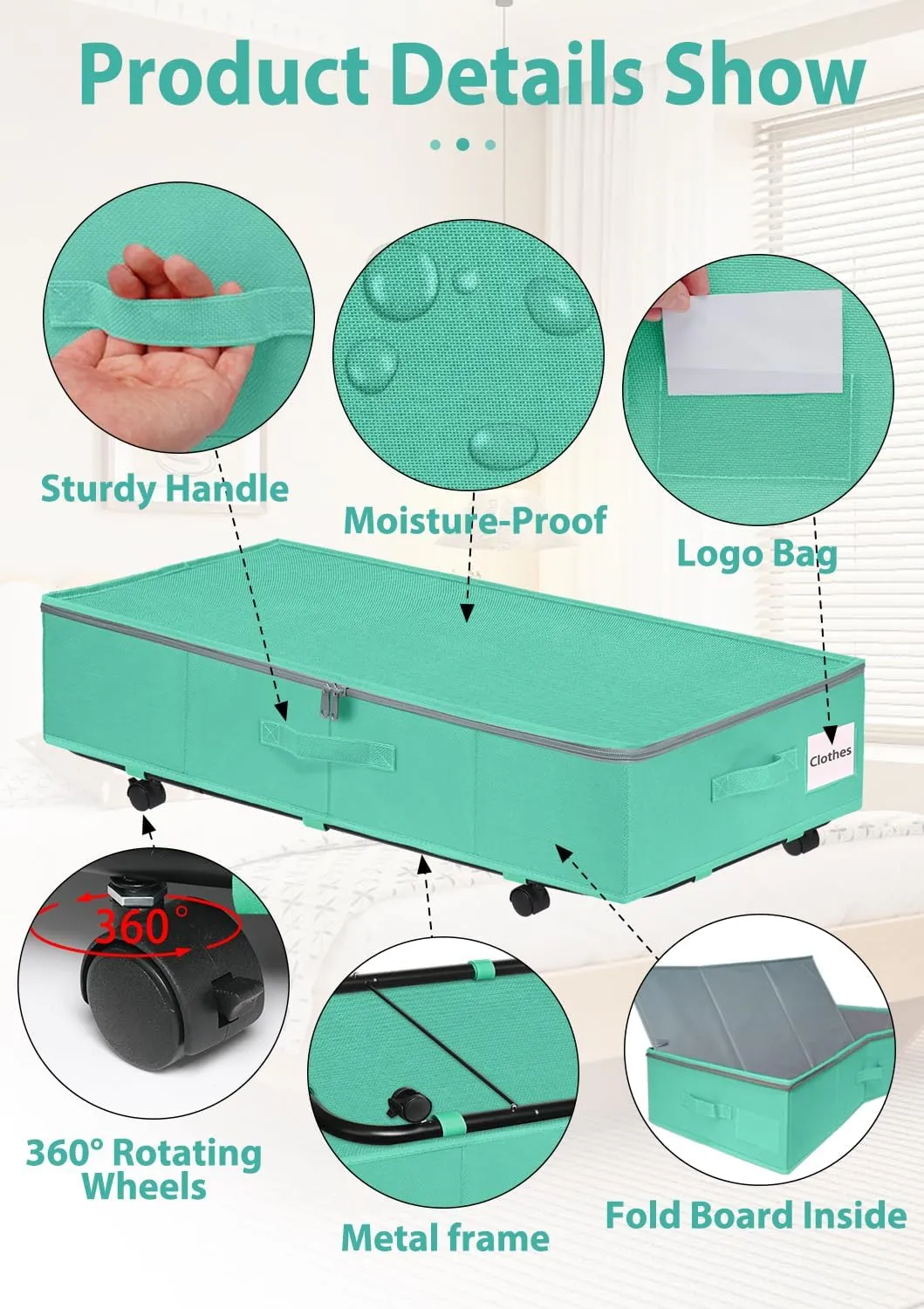 punemi Under Bed Storage With Wheels Under bed Storage Containers, 2 Pack Large Foldable Space-saving Under Bed Drawer Shoe Storage Organizer on Wheels for Clothes, 29.5*15.7*8.7 inch Tall, Teal Blue