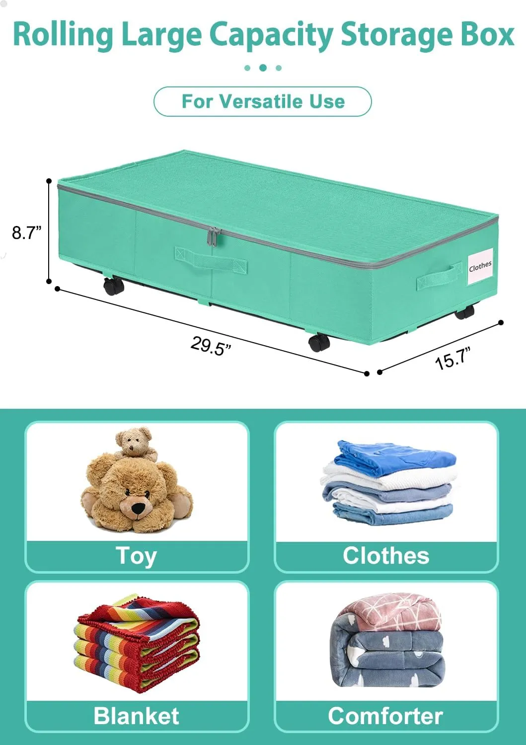 punemi Under Bed Storage With Wheels Under bed Storage Containers, 2 Pack Large Foldable Space-saving Under Bed Drawer Shoe Storage Organizer on Wheels for Clothes, 29.5*15.7*8.7 inch Tall, Teal Blue
