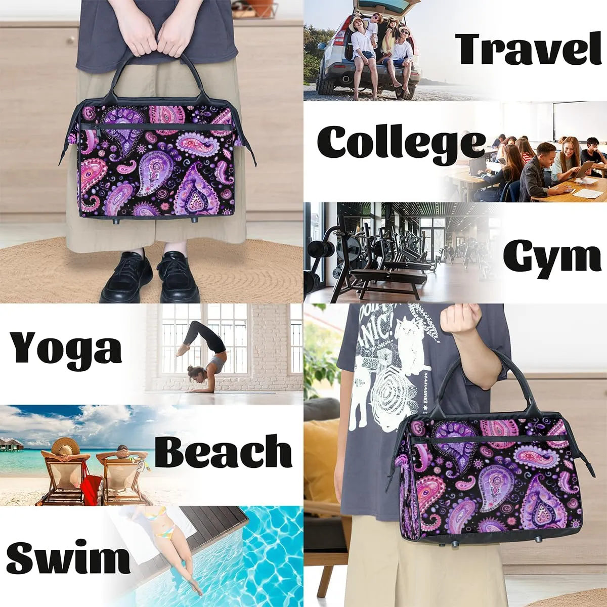 Purple Abstract Paisley Weekender Overnight Bag for Women Waterproof Carry On Travel Duffle Bags with Pocket Lightweight Sports Gym Tote Bag Large Luggage Workout Personal Item Hospital Bags