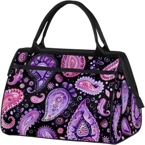 Purple Abstract Paisley Weekender Overnight Bag for Women Waterproof Carry On Travel Duffle Bags with Pocket Lightweight Sports Gym Tote Bag Large Luggage Workout Personal Item Hospital Bags