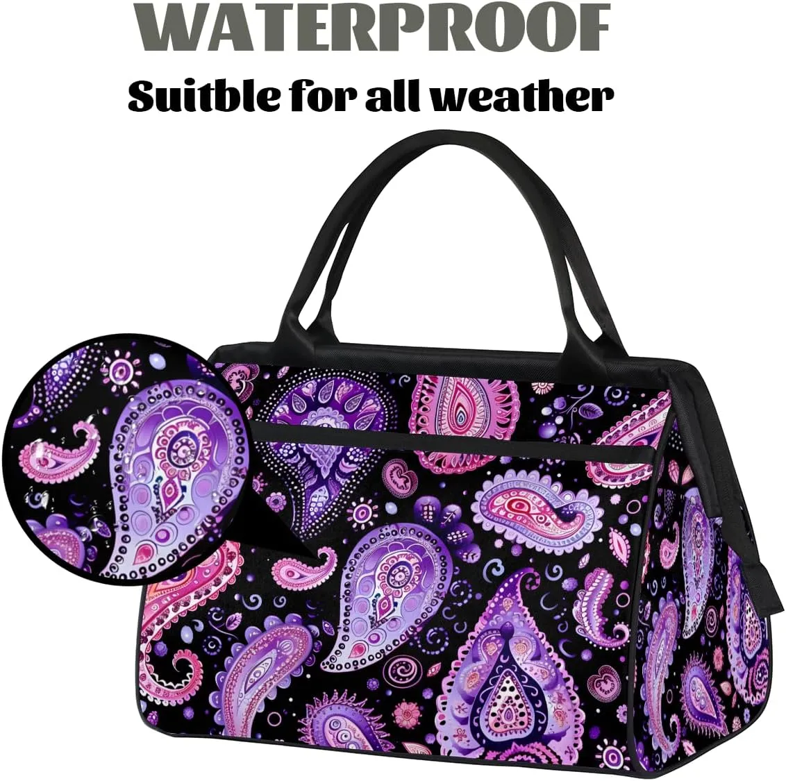 Purple Abstract Paisley Weekender Overnight Bag for Women Waterproof Carry On Travel Duffle Bags with Pocket Lightweight Sports Gym Tote Bag Large Luggage Workout Personal Item Hospital Bags
