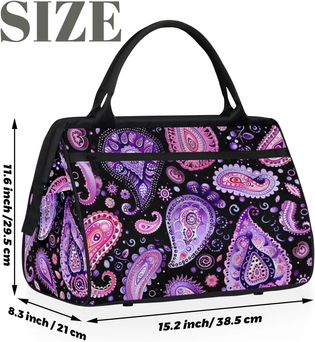 Purple Abstract Paisley Weekender Overnight Bag for Women Waterproof Carry On Travel Duffle Bags with Pocket Lightweight Sports Gym Tote Bag Large Luggage Workout Personal Item Hospital Bags