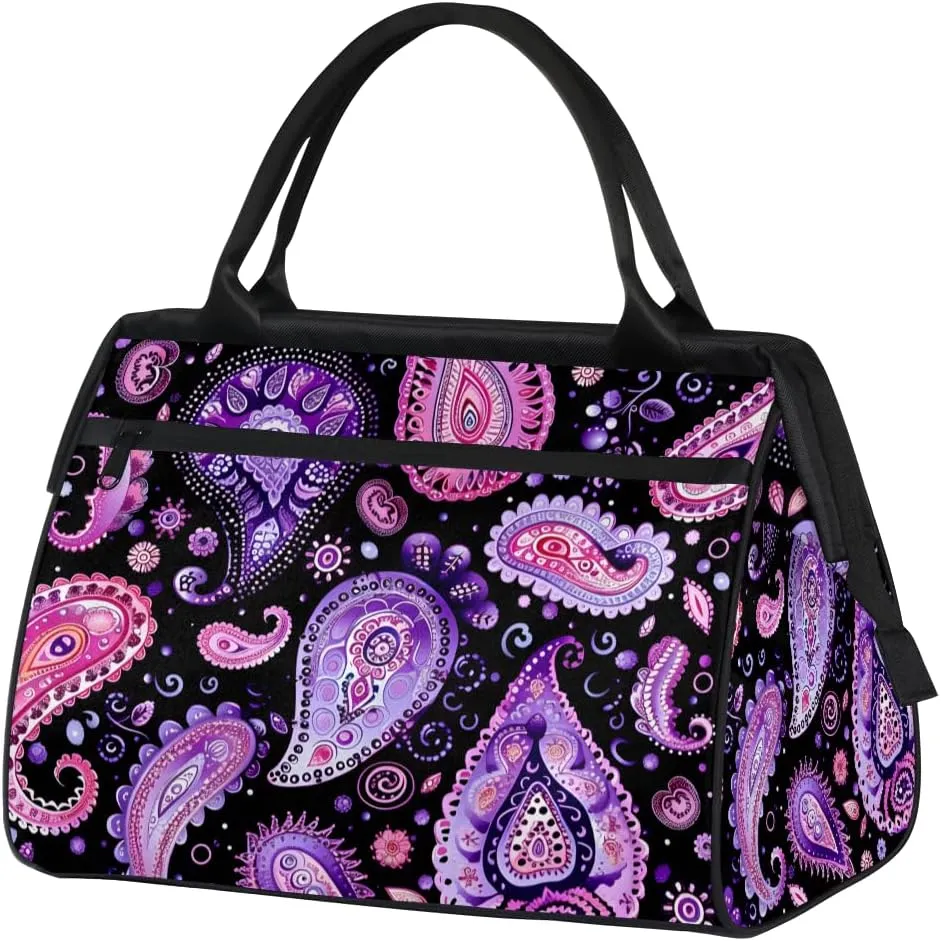 Purple Abstract Paisley Weekender Overnight Bag for Women Waterproof Carry On Travel Duffle Bags with Pocket Lightweight Sports Gym Tote Bag Large Luggage Workout Personal Item Hospital Bags