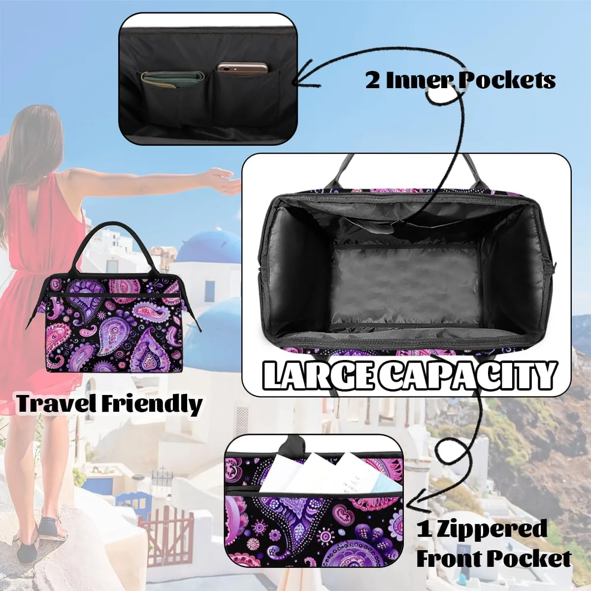 Purple Abstract Paisley Weekender Overnight Bag for Women Waterproof Carry On Travel Duffle Bags with Pocket Lightweight Sports Gym Tote Bag Large Luggage Workout Personal Item Hospital Bags