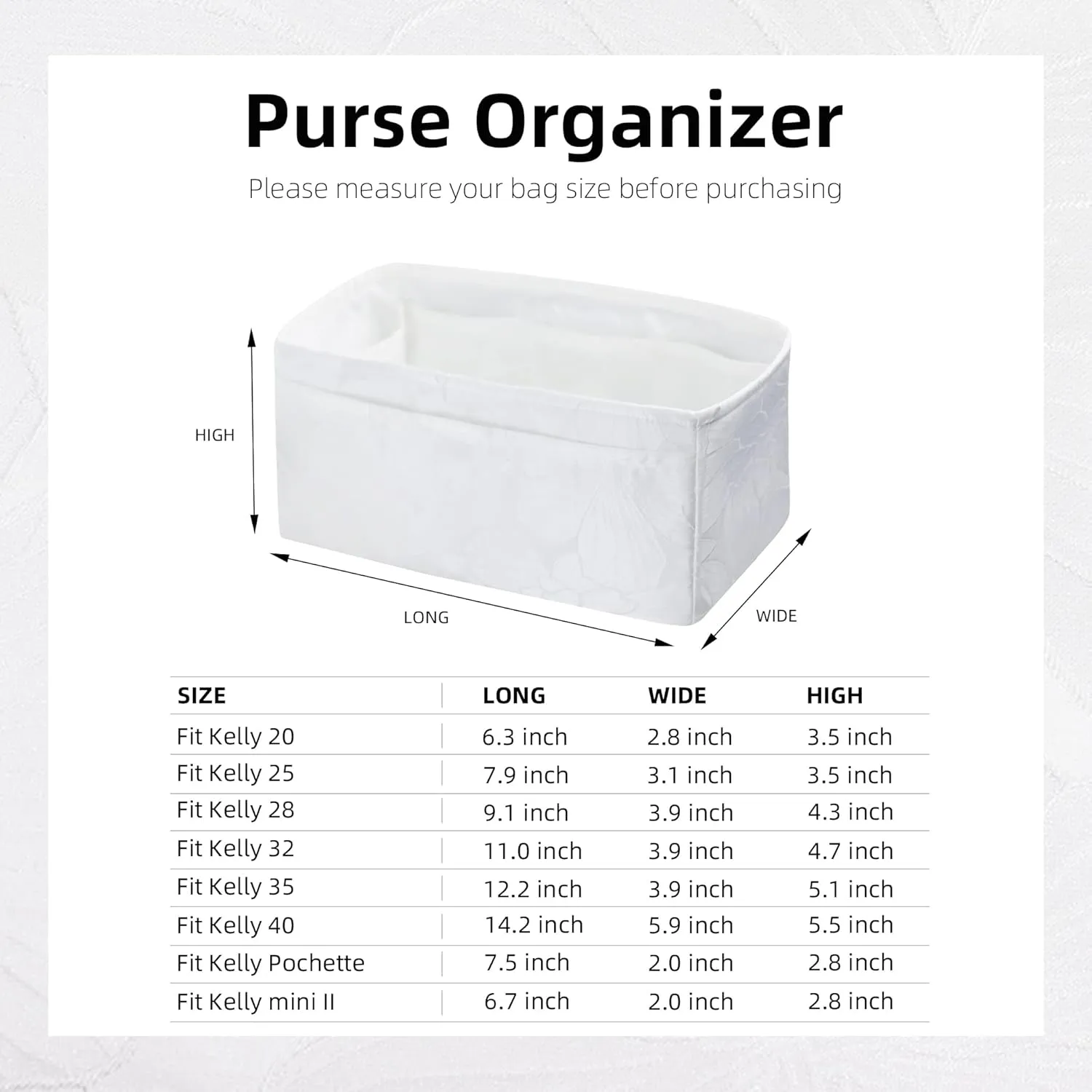 Purse Organizer Insert For Kelly mini/25/28/32/35 bags, Lightweight Bag Organizer Liner, Luxury Handbag Tote Shaper Inner Bag (KL25, Snowflake)