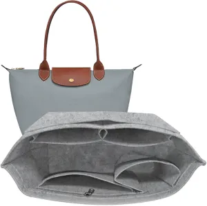 Purse Organizer Insert Handbag Organizer for Longchamp Bag,Bag Organizer Insert with Divider Pocket and Zipper Inner Bag Liner for le pliage Tote (Beige, Small)